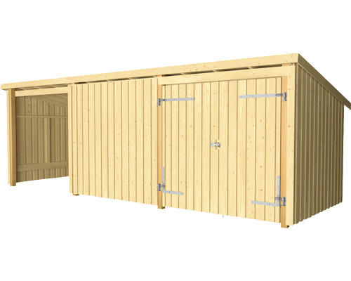 Trädgårdsskjul av trä med dubbeldörr och skydd