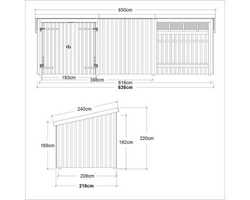 Skiss av ett trädgårdsskjul med mått