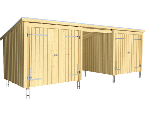 Förråd PLUS Nordic Multi 14m² 3 moduler med 2 dubbeldörrar & öppen framsida inkl. takpapp, aluminiumlister & stolpfötter