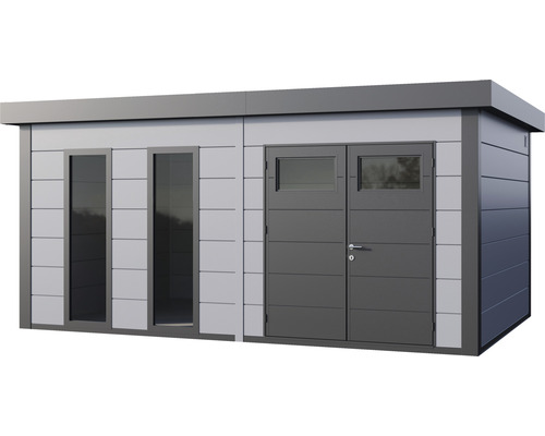 Modern trädgårdsskjul med två fönster och dubbeldörr