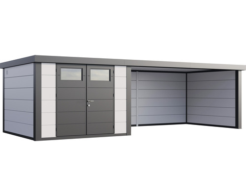 Trädgårdshus med tillbyggnad för trädgårdsredskap och förvaring