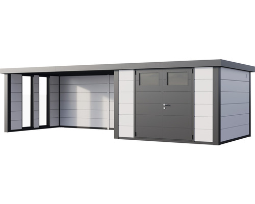 Trädgårdshus med tillbyggnad för förvaring av trädgårdsredskap och som skydd