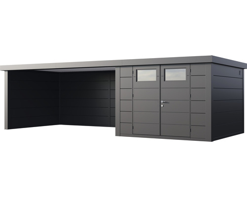 Modern trädgårdspaviljong med redskapsbod och carport