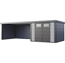 Trädgårdsskjul med integrerad carport