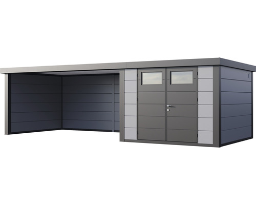 Trädgårdsskjul med integrerad carport