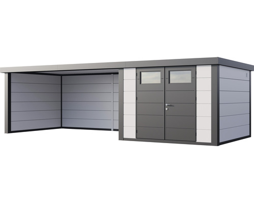 Modernt trädgårdshus med tillbyggnad och dubbeldörr