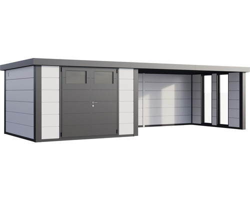 Modern redskapsbod med dörr och täckt yta för trädgården