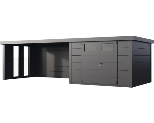 Metallförråd med annex för trädgårdsredskap och verktyg