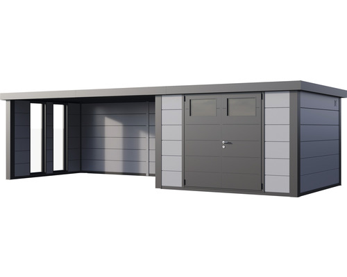 Trädgårdshus med annex för förvaring av trädgårdsredskap och verktyg