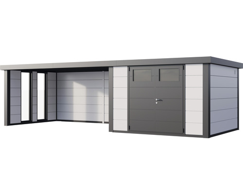 Modern redskapsbod med carport och låsbar dörr.