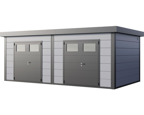 Dubbelgarage i metall med två dörrar och fönster