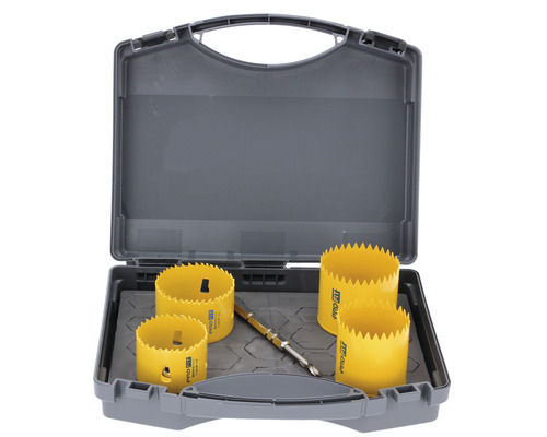 Hålsågsats med borr i en grå verktygslåda