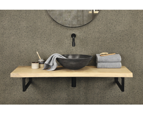 Badrumstvättställ med ovanpåliggande tvättställ, armatur, spegel och handdukar