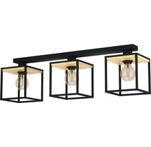 Taklampa med tre lampor, trä och svart ram