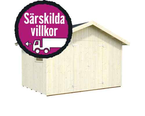 Trädgårdsskjul av trä med skylt om leveransvillkor