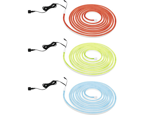 Tre LED-ljusslangar i olika färger med strömkabel