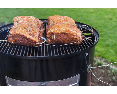 Två bitar fläskstek med termometrar på en grill.