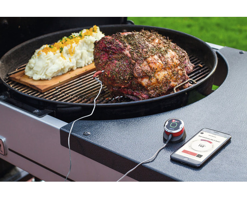 En stek och potatismos på en grill med en ansluten termometer och en smarttelefon som visar temperaturen.