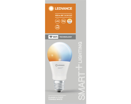 LEDVANCE lampa med 1055 lumen, 9,5 watt och E27 sockel, dimbar och med wifi-teknik