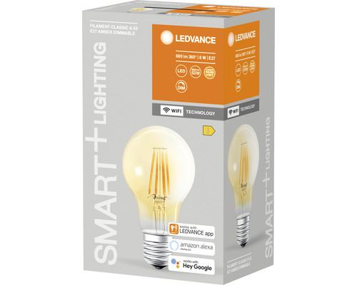 LEDVANCE Filament Classic A 53 E27 dimbar lampa i produktförpackning