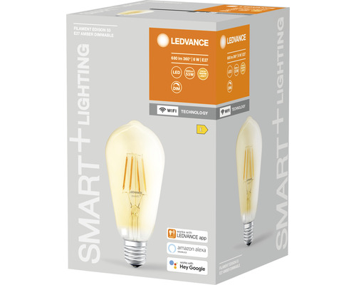 Dimbar Ledvance Filament Edison 53 E27 LED-lampa i produktförpackning