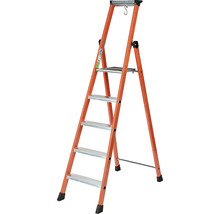 En orange hushållsstege med fem steg och en plattform.