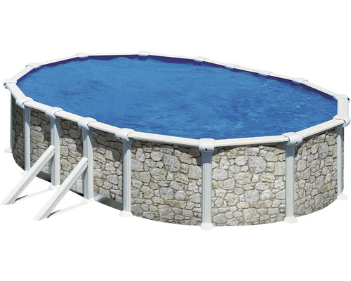 Pool PLANET POOL 610x375x120cm inkl. sandfilterpump, skimmer, stege, filtersand & anslutningsslang stenutseende