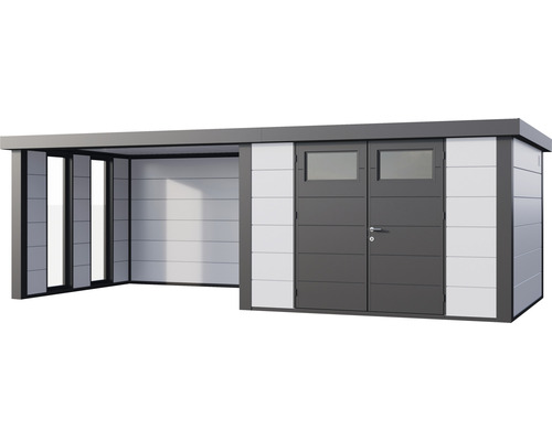 Modernt trädgårdshus med utbyggnad och dubbeldörr