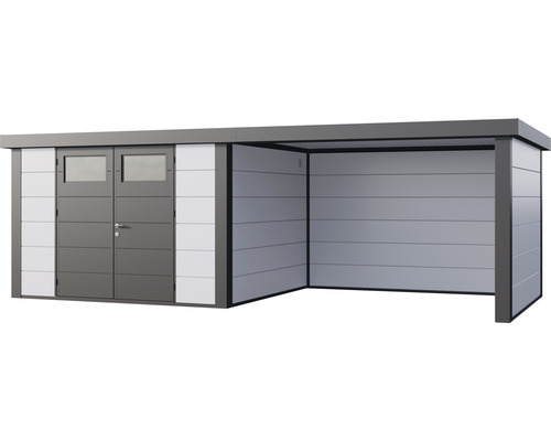 Trädgårdshus med dubbeldörr och täckt yta