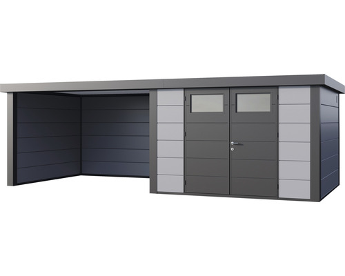 Trädgårdsskjul med dubbeldörr och öppen annex