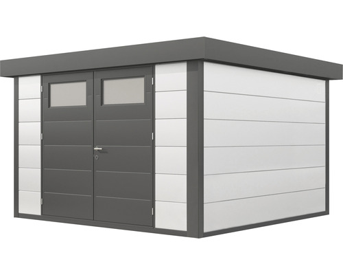 Trädgårdsskjul med dubbeldörr och fönster