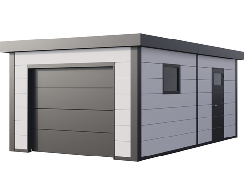 Modernt garage med rullport, sidodörr och fönster