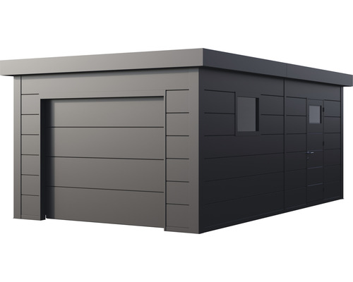 Modernt garage med sektionsport, sidodörr och fönster