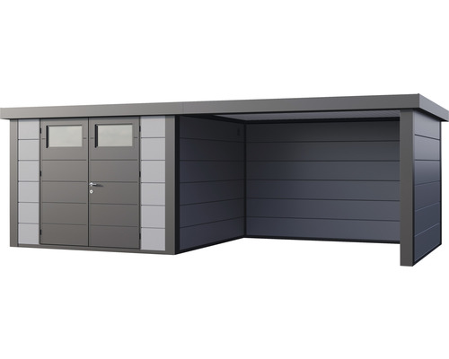 Trädgårdsskjul med dubbeldörr och redskapsbod