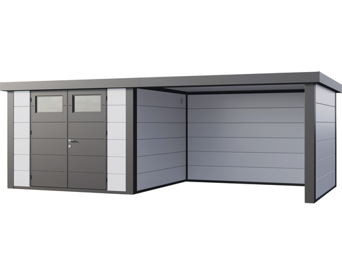 Trädgårdsskjul med dubbeldörr och annex för trädgårdsredskap