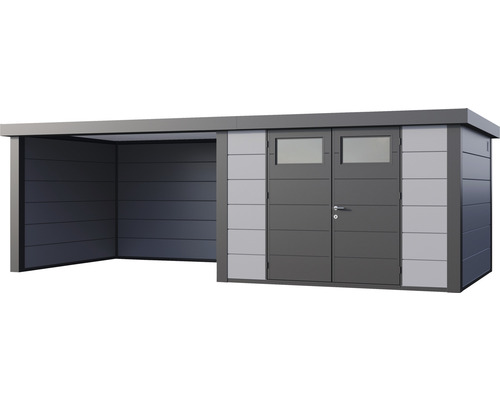 Trädgårdshus med annex för förvaring av trädgårdsredskap och som skydd