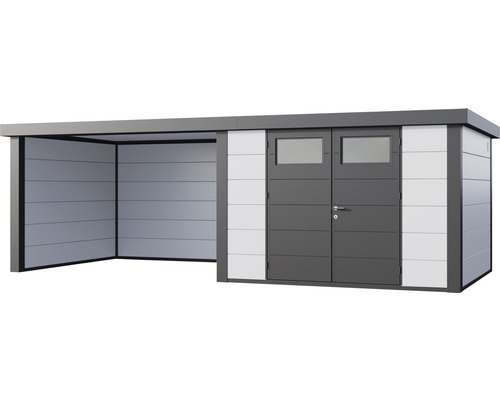 Modern trädgårdsskjul med tillbyggnad och dubbeldörr