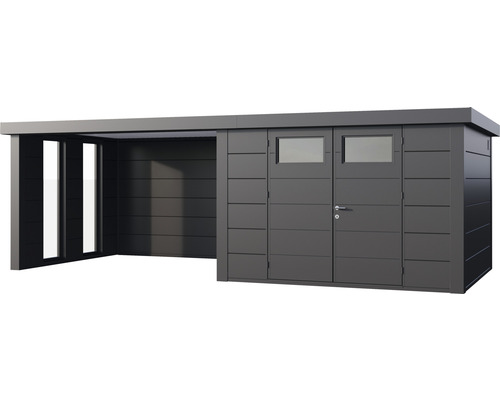 Modern redskapsbod med annex för trädgårdsredskap och cyklar