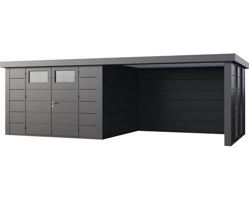 Modern redskapsbod med dubbeldörr och öppen tillbyggnad