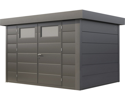 Metallförråd med dubbeldörr och fönster