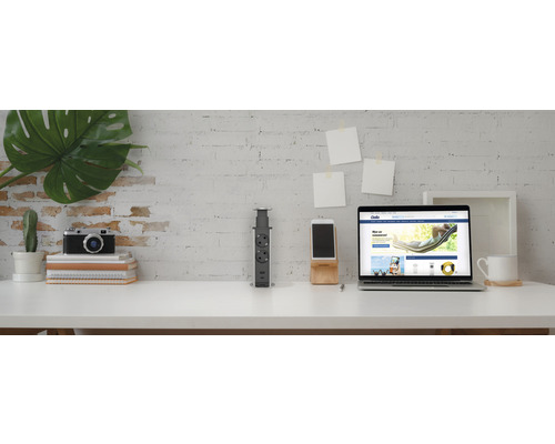 Miljöbild med ett skrivbord med ett infällbart grenuttag, en bärbar dator och dekorativa föremål.