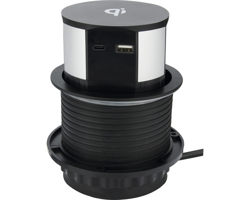 Infälld kontakt med USB-portar och Qi-logotyp