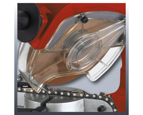 Detaljvy av motorsåg med skyddsanordning