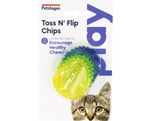 Petstages Toss N'' Flip Chips kattleksak med kattmynta i förpackning