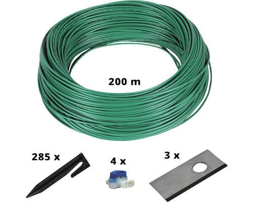 Begränsningskabelset EINHELL 200m kabel, 285 mälor, 3st knivar, 4 skarvkopplingar Begränsningskabelset med 200 meter kabel, 285 pinnar, fyra kabelkontakter och tre reservknivar