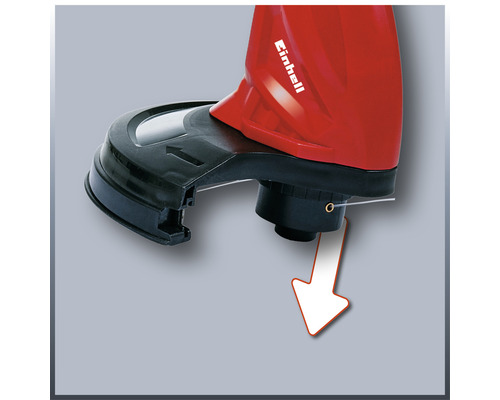 Detaljbild av Einhell grästrimmer med pil som visar funktionen