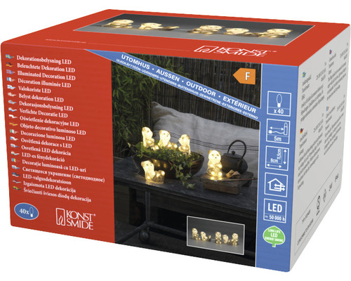 Förpackning för Konstsmide LED dekorationsbelysning med teddybjörnmotiv för utomhusbruk