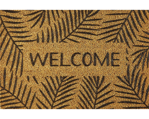Dörrmatta med texten Välkommen och palmbladsmönster