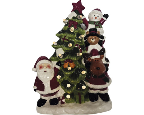 Dekorativ julfigur med jultomte, snögubbe, teddybjörn, ren och julgran med belysning.