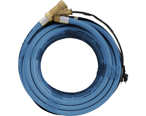Blå värmeslang med mässingsanslutningar och kontakt